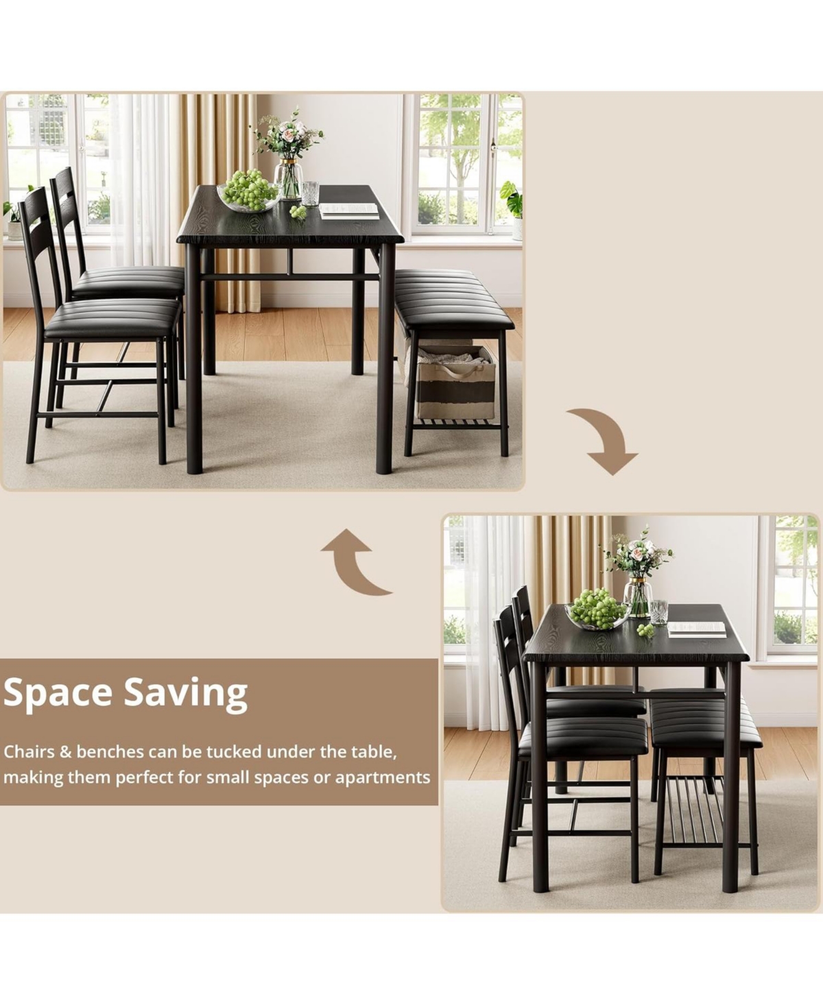 Ironck 27.6" W Dining Table Set for 4, Kitchen Table with Upholstered Bench and 2 Chairs