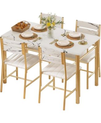 27.6" W Dining Table Set for 4, Wood Kitchen Table with Upholstered Chairs, White & Gold
