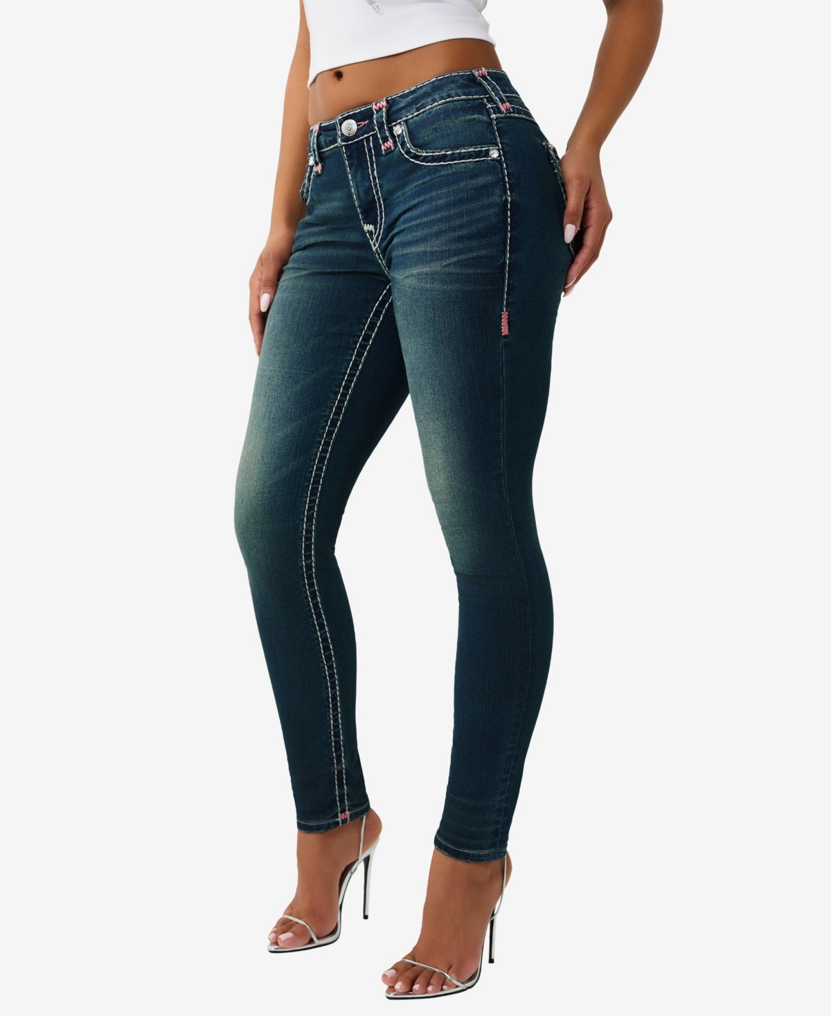 True Religion Women's Jennie Mid Rise Skinny Super T Flap Jeans