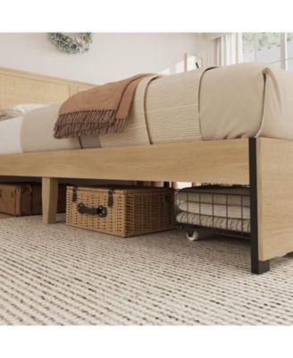 Natural Rattan Bed Frame with Wood Headboard, 2 Storage Drawers, RGB Led Lights, Easy Assemble Boho Platform Bed with Strong