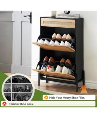 slim entryway shoe cabinet with 2 flip drawers, wooden organizer with linen front panels, and a space-saving closed shoe rack.