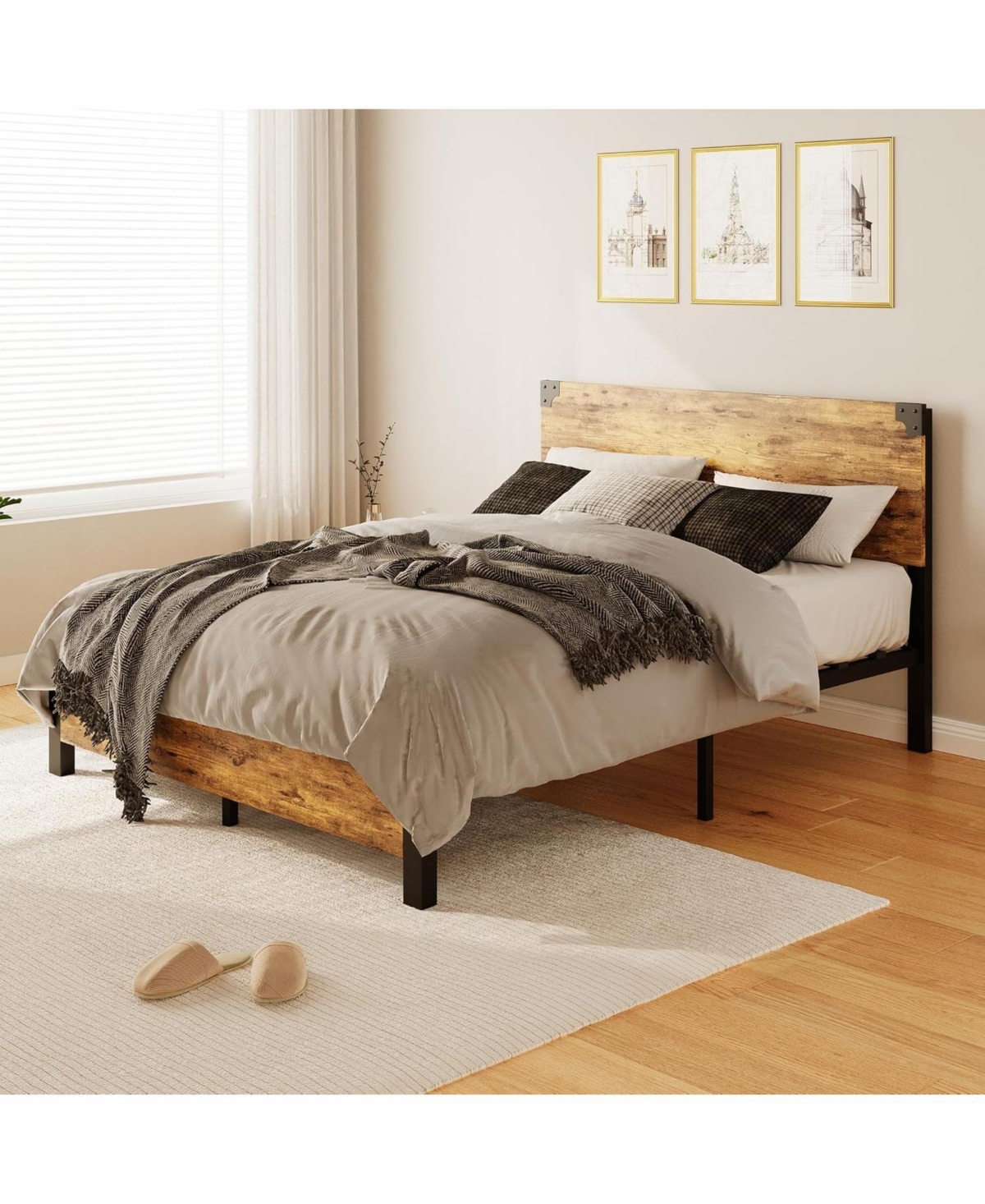 Gamon Rustic Brown Full Platform Bed Frame with Wood Headboard & Under Bed Storage