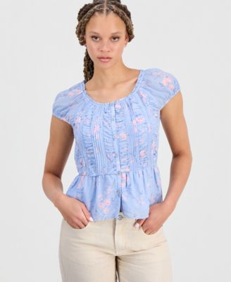 Women's Round-Neck Ruched Button-Front Top