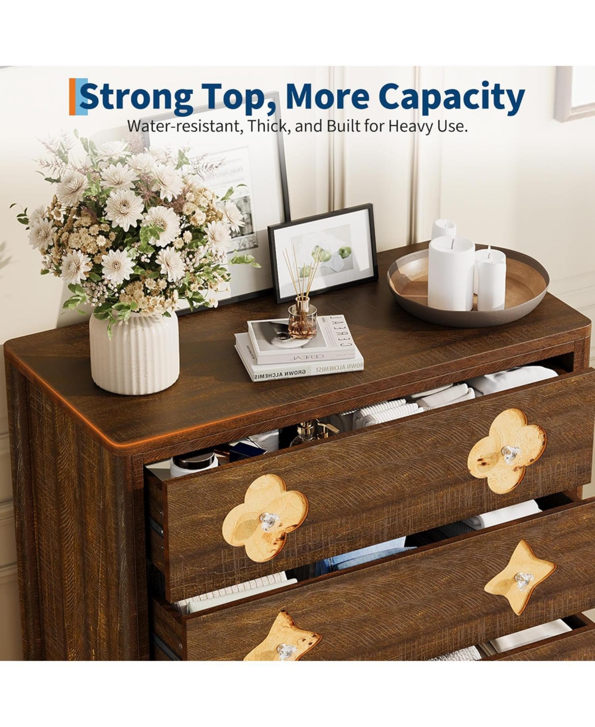 gaomon 5 Drawer Tall Boho Dresser, 45" Wooden Chest with Clothes Storage Cabinet, Brown