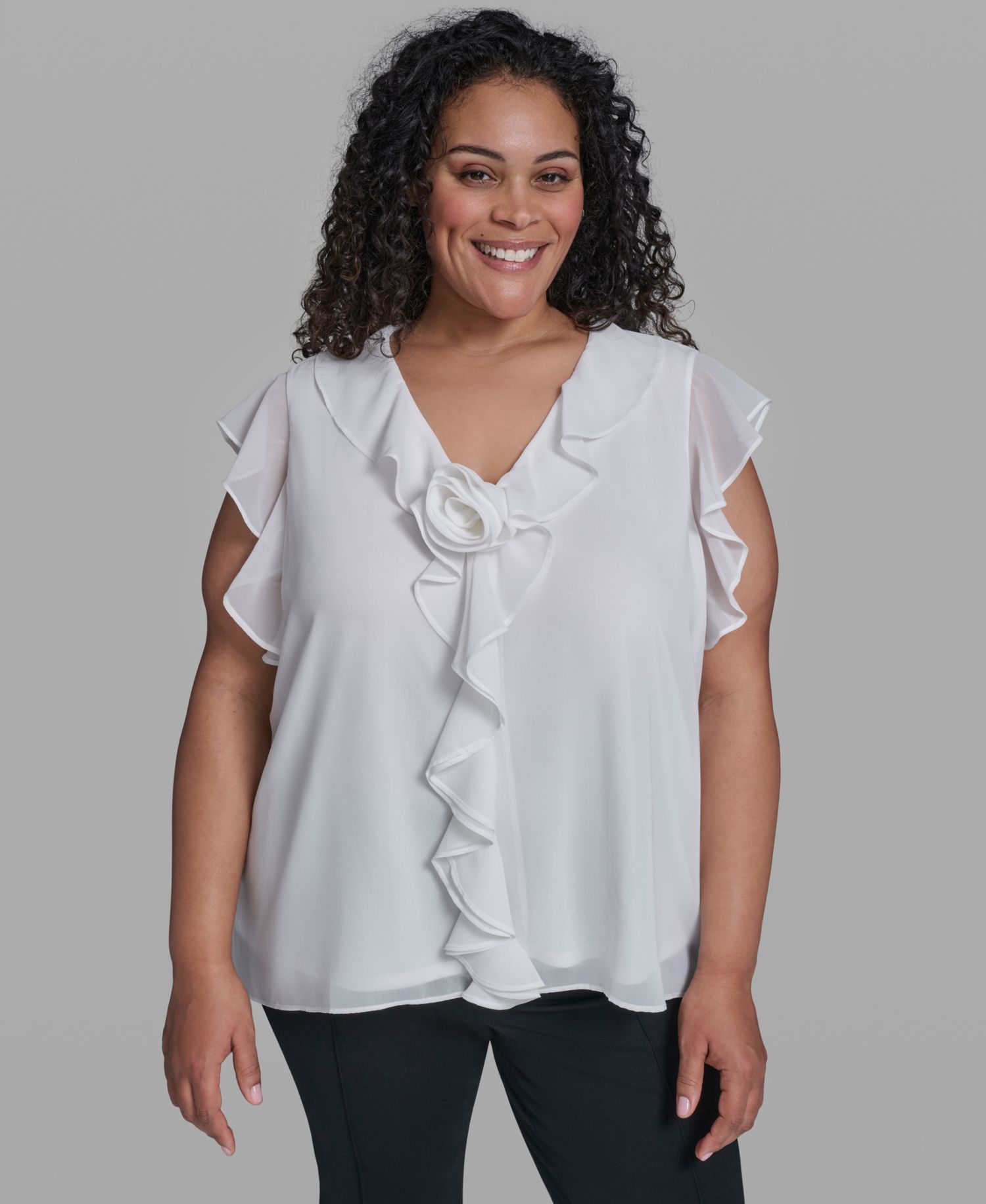 Plus Size Rosette V-Neck Ruffle Blouse Top