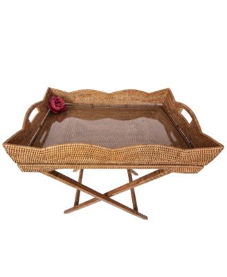 Artifacts Rattan Scallop Design Butler Tray with Wooden Legs & Glass Insert