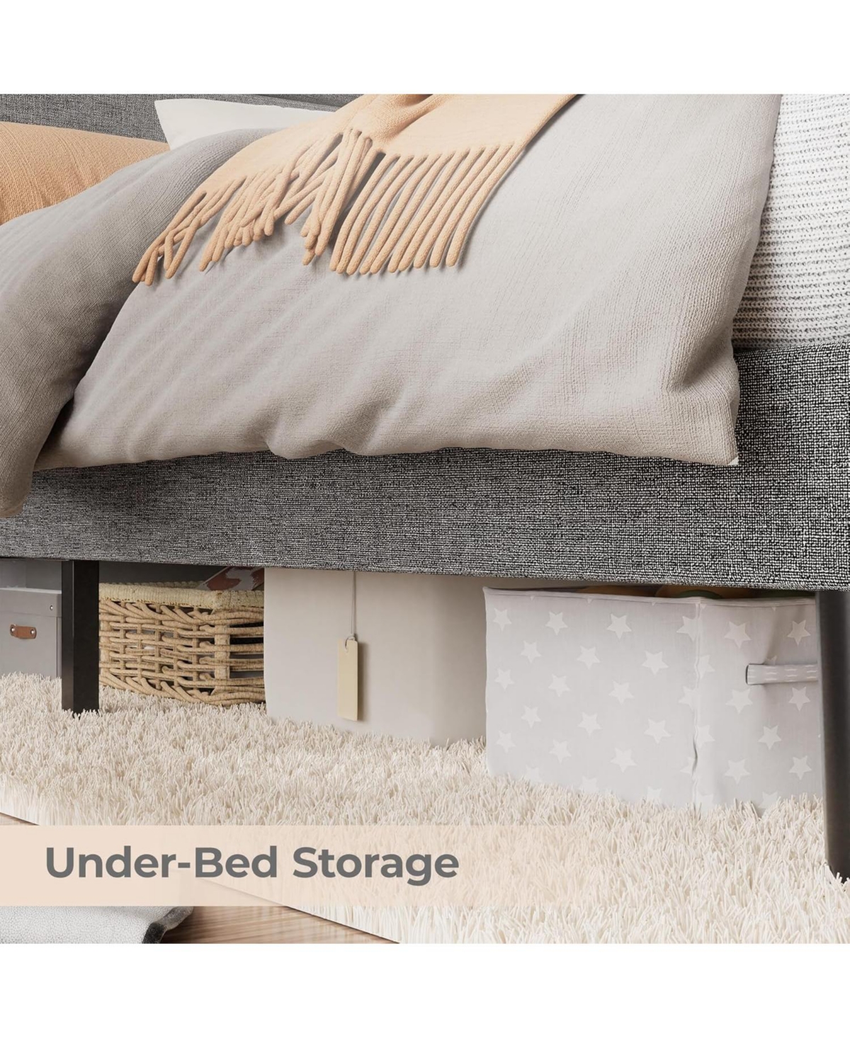 gaomon Bed Frame with Storage Headboard, Charging Station & Led, Modern Linen Upholstered Platform Frame, Wood Slat Support, No Box Spring Needed