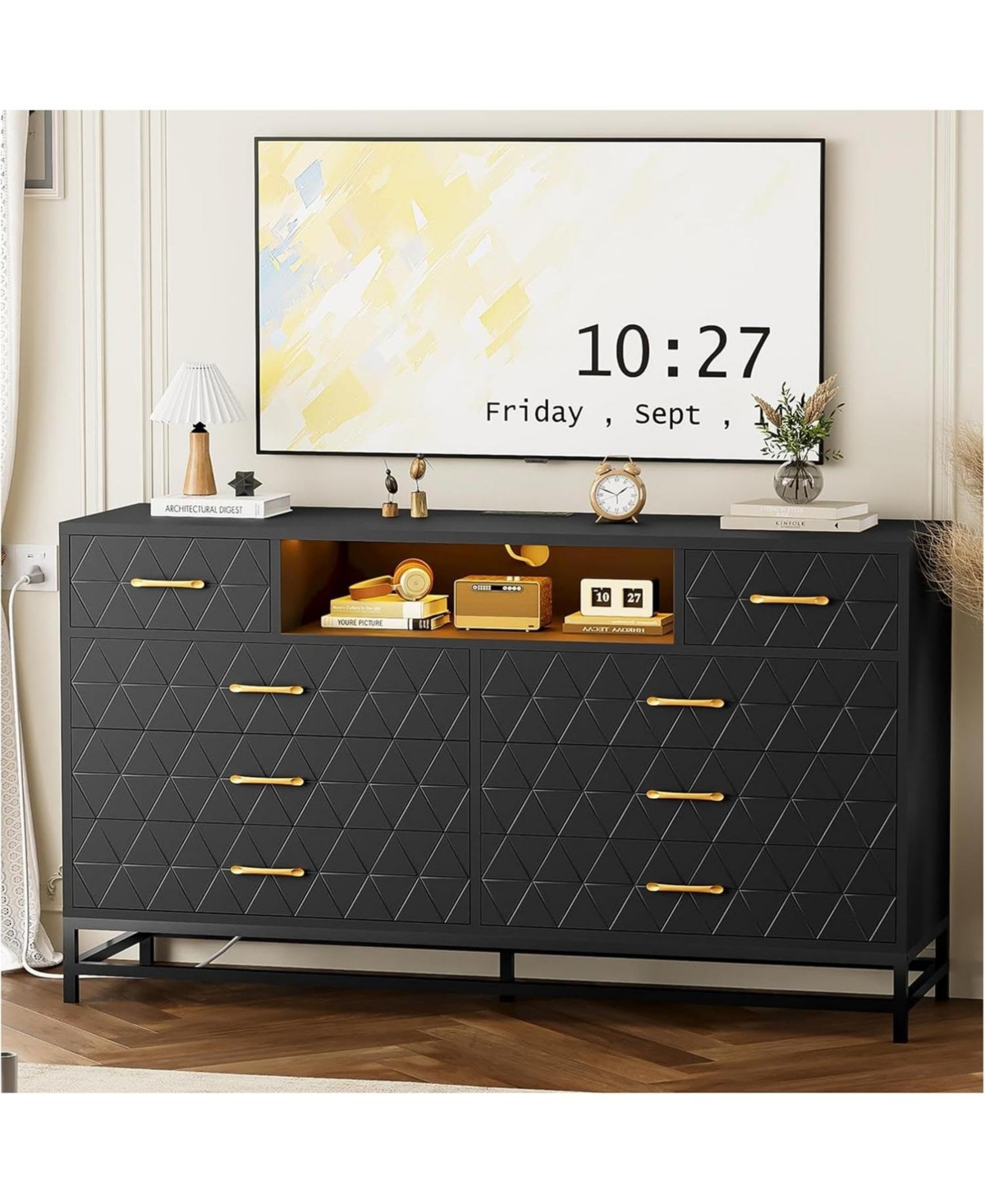 gaomon 8 Drawer Dresser for Bedroom, Pink Dresser with Led Light, 55 in Tv Stand Dressers with Power Outlet, Large Dressers Bedroom with Deep Drawers,