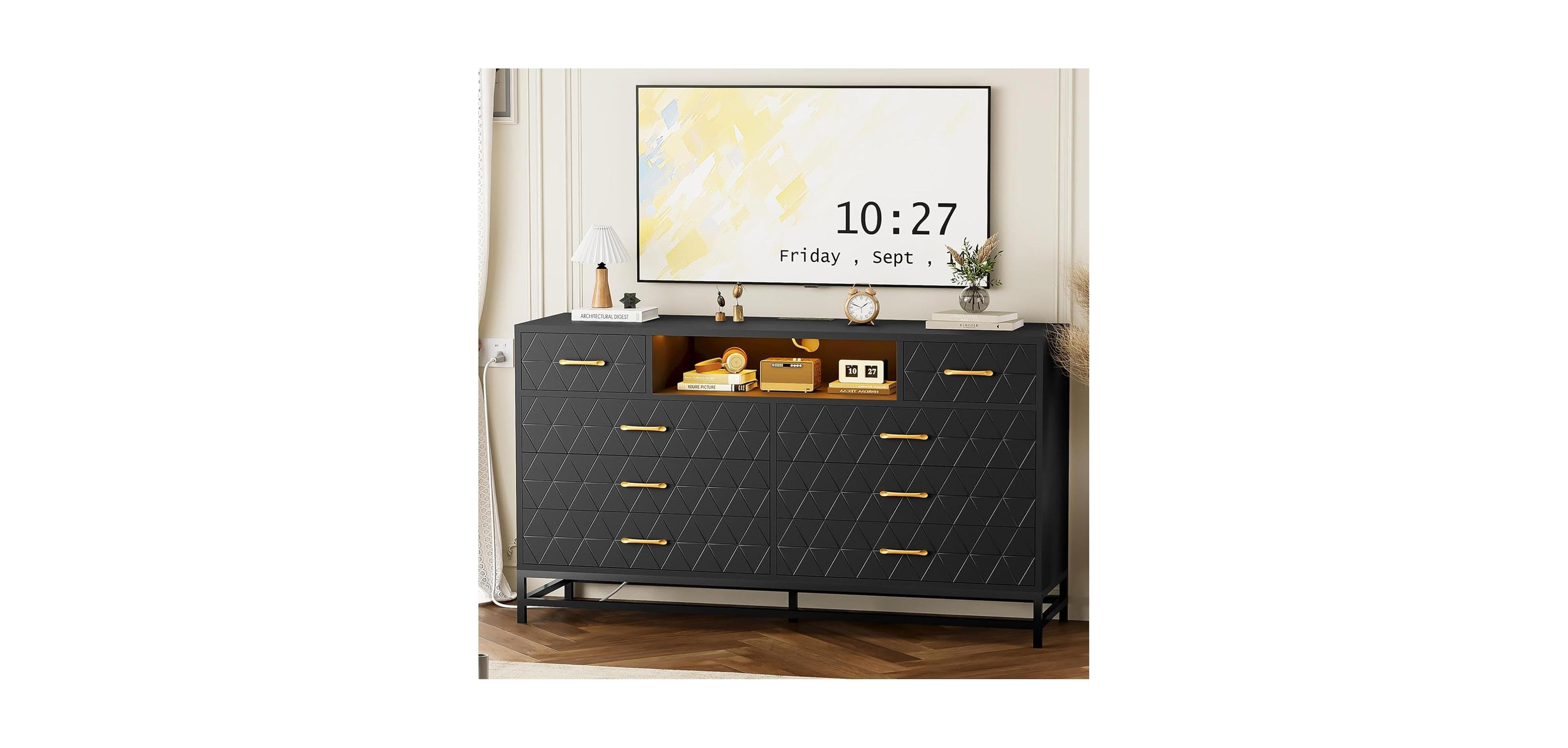 gaomon 8 Drawers Wood Dressers for Bedroom with Led Lights and Power Outlet, Wooden Dresser Tv Stand for 55'' Tv, Wide Modern Chest of Drawers