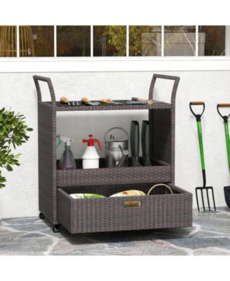 Outdoor Wicker Bar Cart Table with Tempered Glass Top, Patio Serving Cart