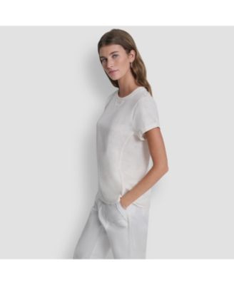 Women's Embroidered Crewneck Logo Roll-Sleeve Top