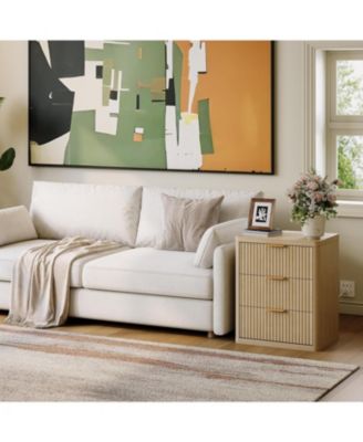 Fluted Nightstand Set of 2,Mid Century Bedside Table,Wooden End Table,Farmhouse Night Stand with 3 Drawer