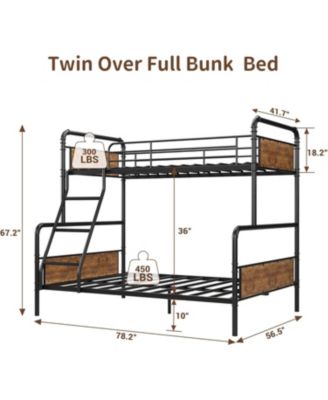 Metal Bunk Bed Twin Over Full Size with Angled Ladder, High Guardrail, Heavy Duty Bunk Bed Frame with Metal Slats, Smooth Rounded Edges