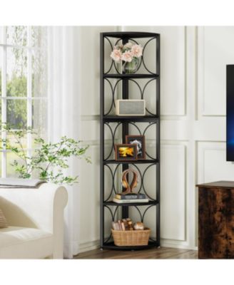 Tall Corner Shelf, 6 Tier Rustic Corner Bookshelf Bookcase Storage Rack Standing Shelving Unit