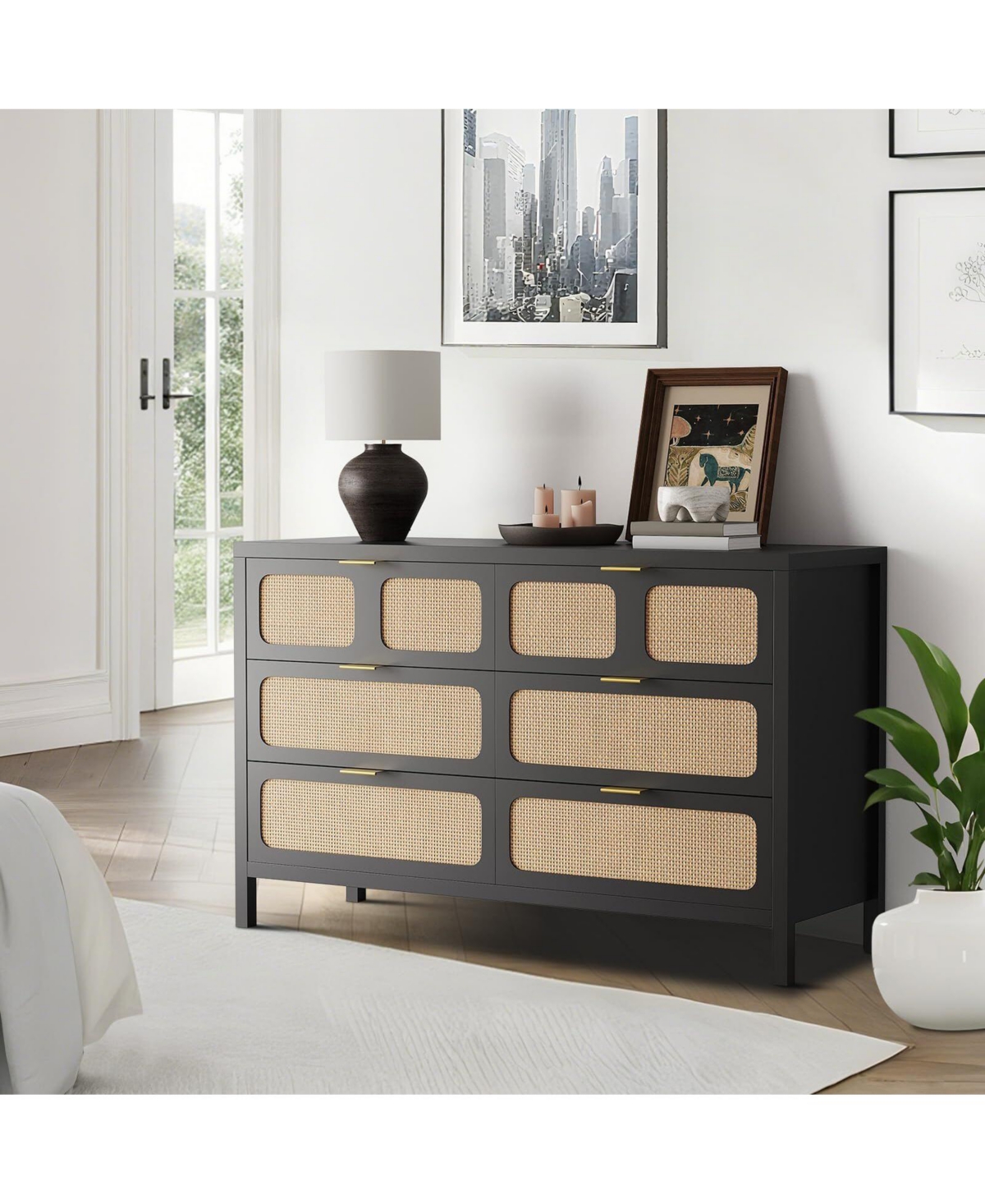 Gaomon 6 Drawers Dresser,Rattan Dresser with Metal Handles and Wood Legs