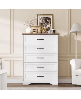 5 Drawers Dresser for Bedroom, Chest of Drawers with Wide Metal Handle, Farmhouse Modern Wooden Tall Dresser, Storage Organizer