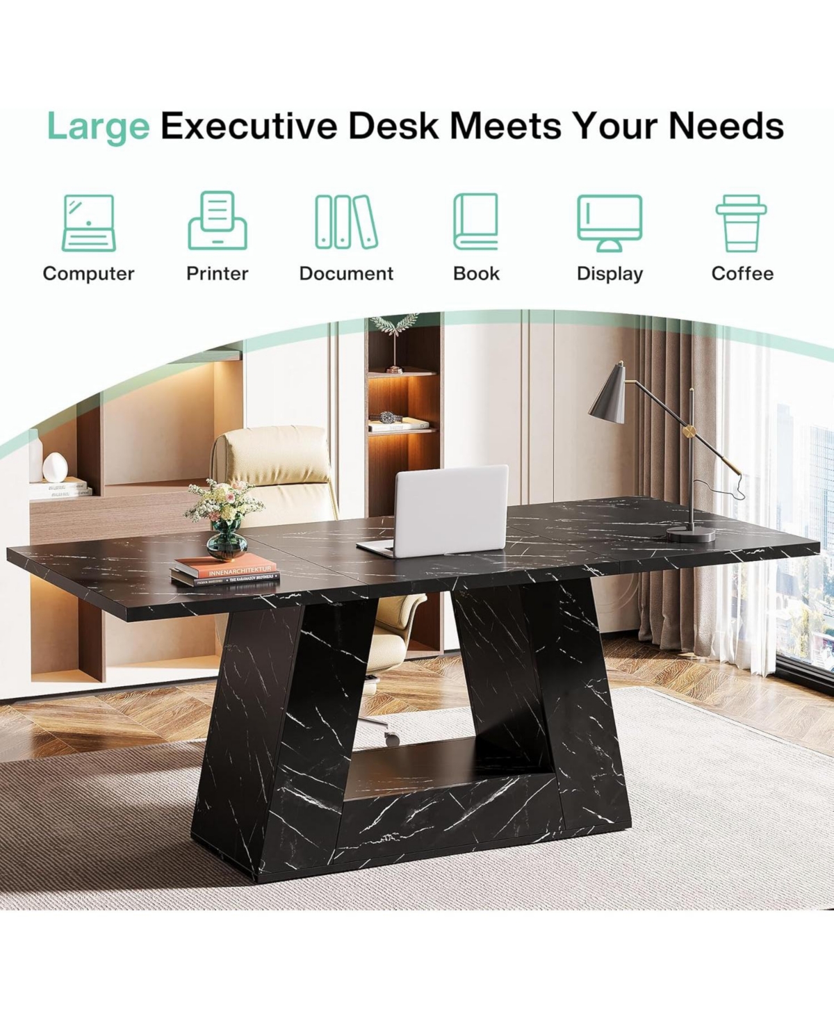 Tribesigns 63-Inch Large Computer Desk, Modern Office Desk Workstation, Simple Style Executive Study Table, Wooden Faux Marble Writing