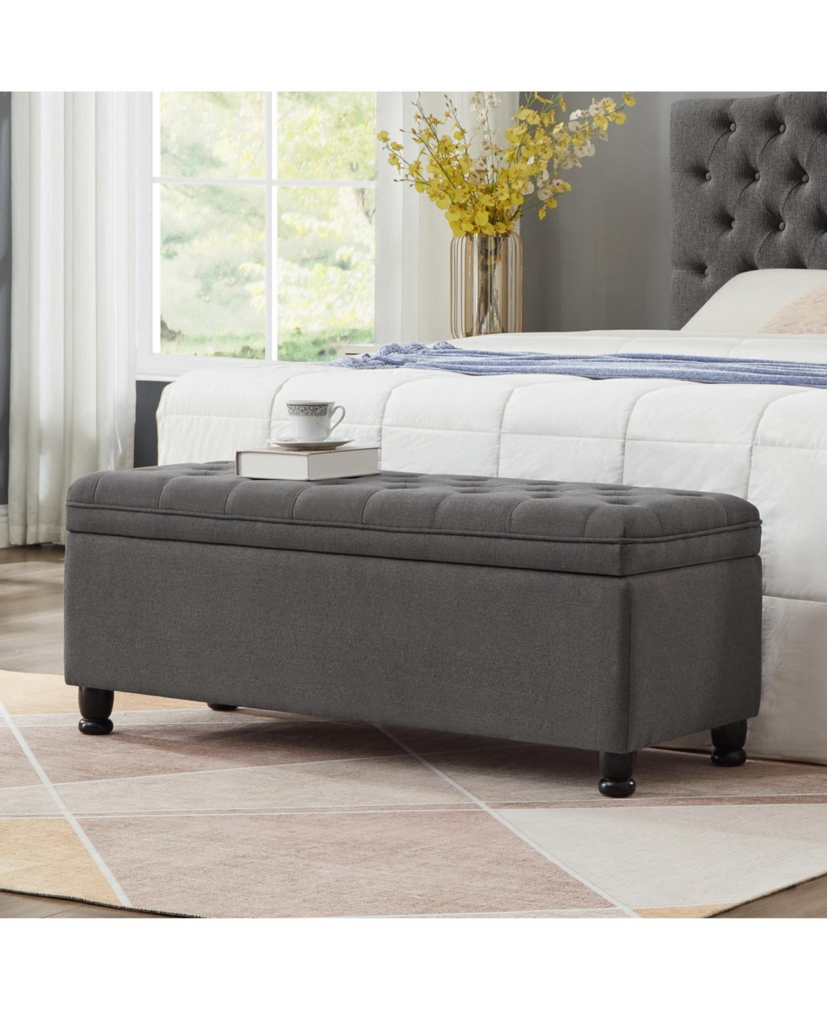 Simplie Fun Gray Linen Storage Bench with Wooden Legs