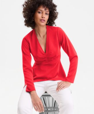 Women's Ruched Long-Sleeve Asymmetrical-Hem Top