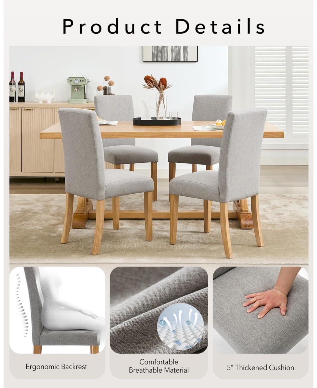 gaomon Dining Chairs Set of 6,Modern Fabric Upholstered Ergonomic Chairs with Curved Backrest,Heavy-Duty Wood Legs for Dining Room Kitchen Home