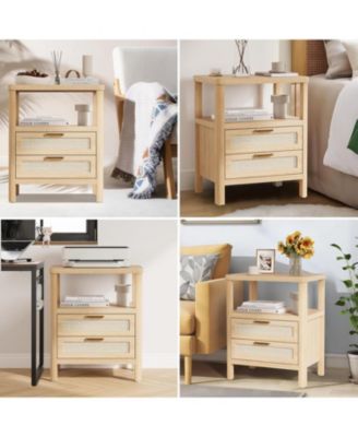 Fluted Farmhouse Night Stand with Charging Station, 23" Mid-Century Modern Nightstand