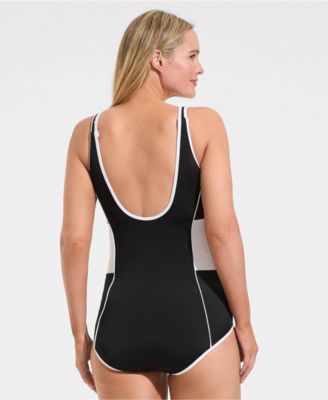 Women's Tugless Scoop Neck Colorblock Low Leg One Piece