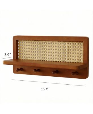 4 Wood Key Hooks Pine Board PE Rattan Grid Coat Rack Decor