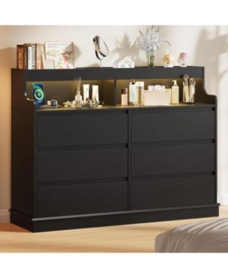 6 Drawer Dresser for Bedroom with LED Lights & Charging Station, 51.2" Wide Dresser with Open Shelf