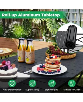 Folding Patio Camping Table with Roll-Up Top and Mesh Storage Basket, Portable