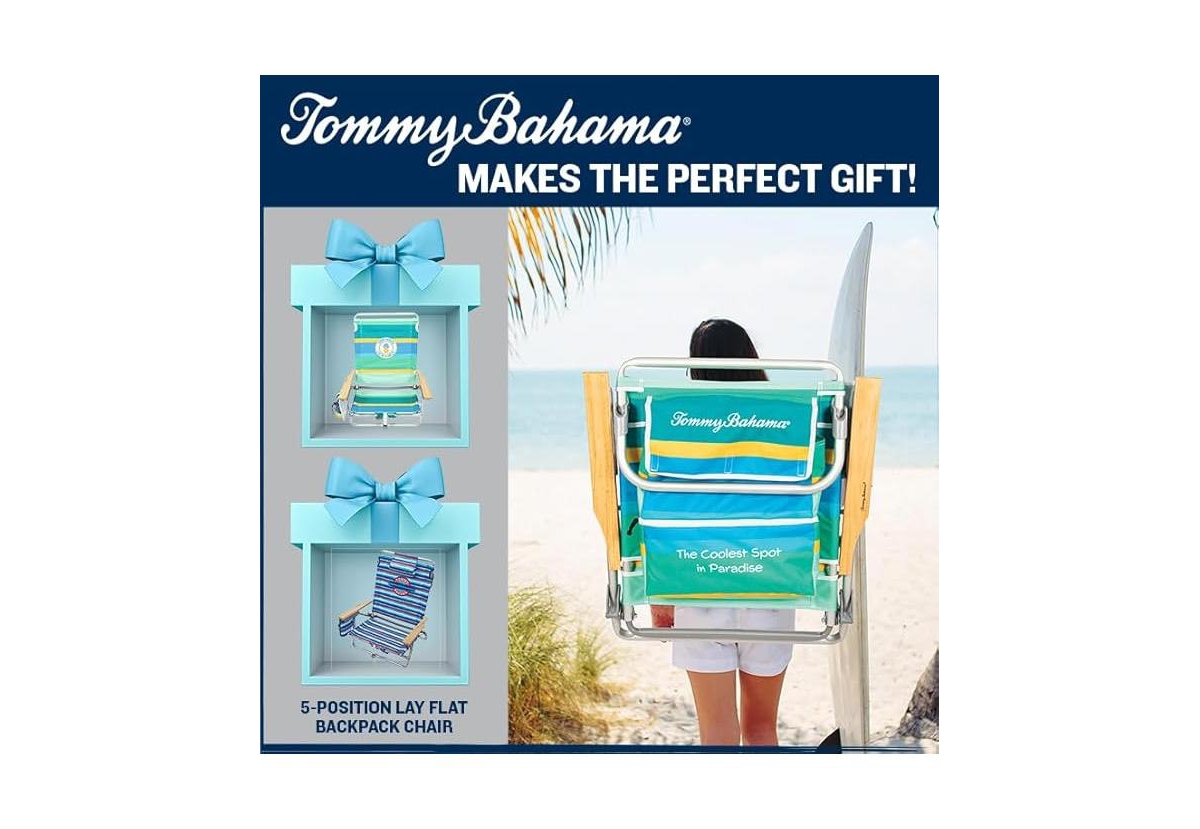 Tommy Bahama 5-Position Classic Lay Flat Backpack Cooler and Cup Holder Beach Chair, Portable Folding Beach Chair for Tanning, 2-Pack, Stripe
