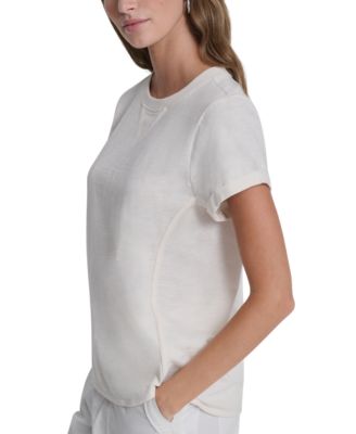 Women's Embroidered Crewneck Logo Roll-Sleeve Top