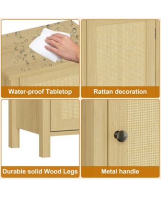 Modern Farmhouse Nightstand with Rattan Door & Drawer  Compact 16" Black Accent Bedside Table Featuring Boho Wood Design.