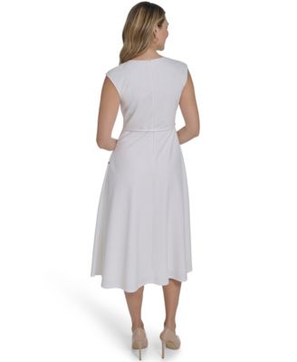 Petite Extended Cap Belted Jewel Neck Midi Dress