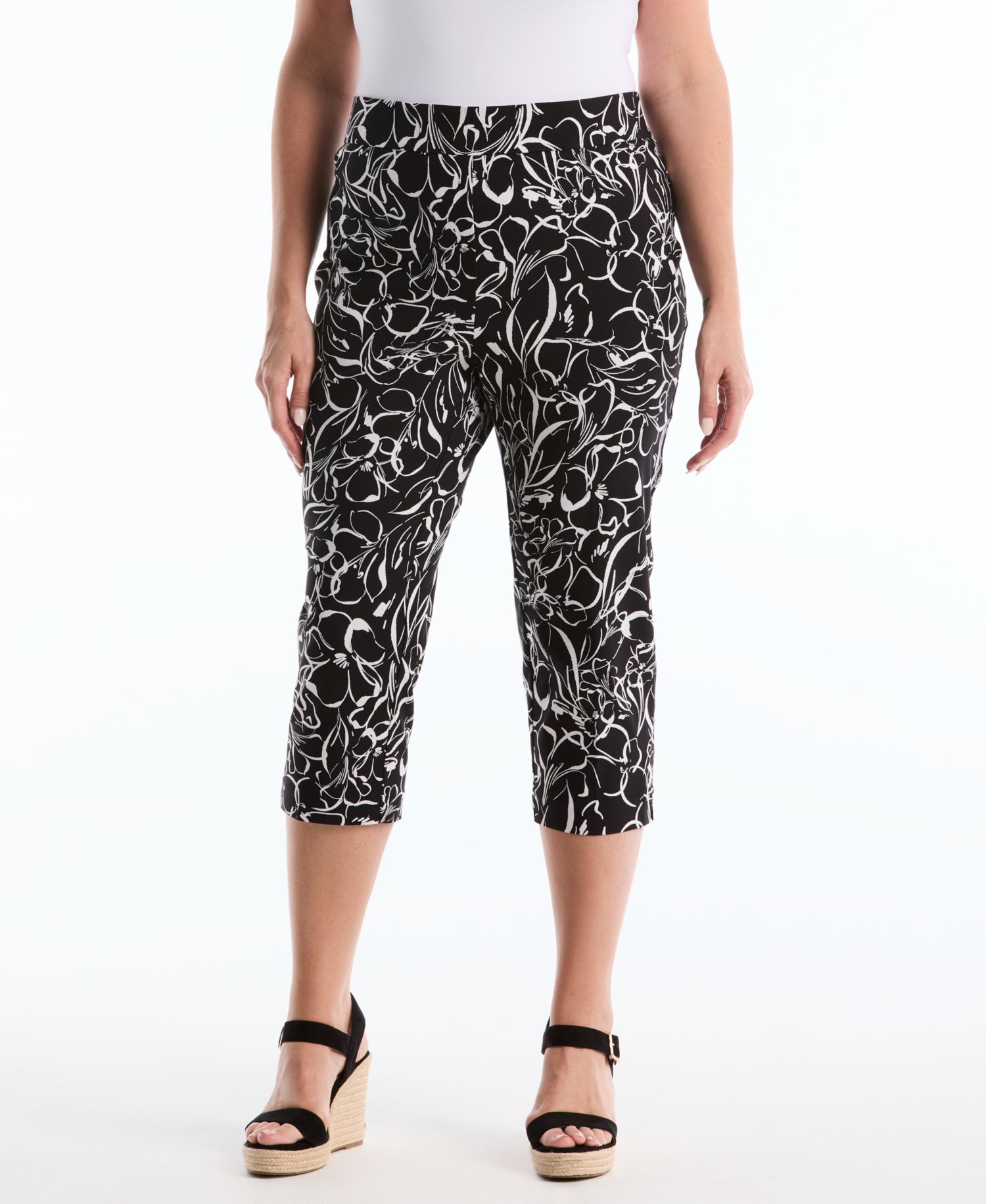 Petite Hibiscus Print Capri Pants with Riveted Vent