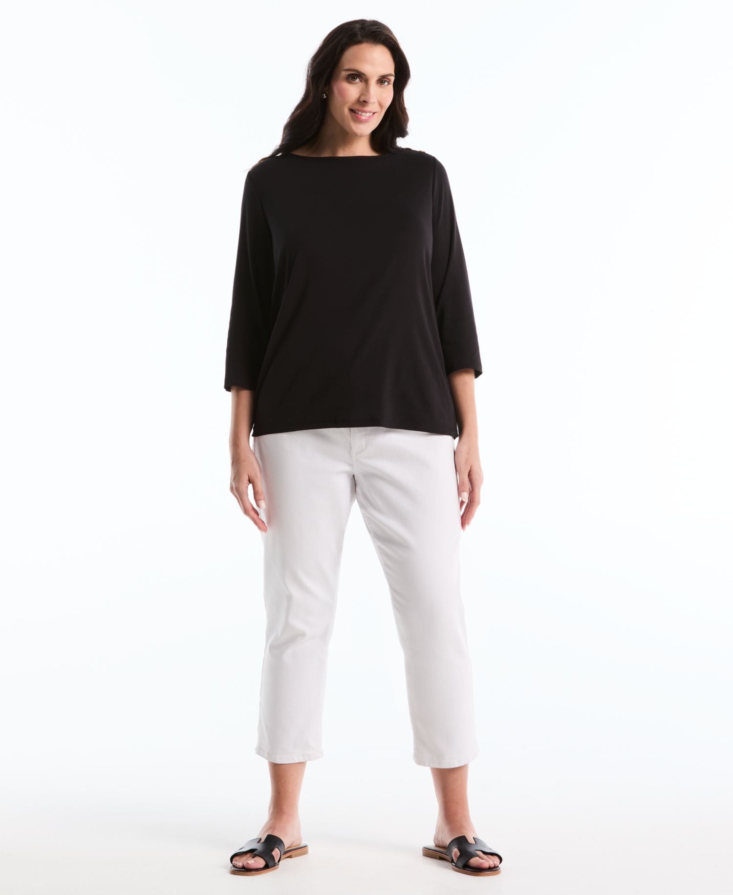 Petite Button Detail Boat Neck Top