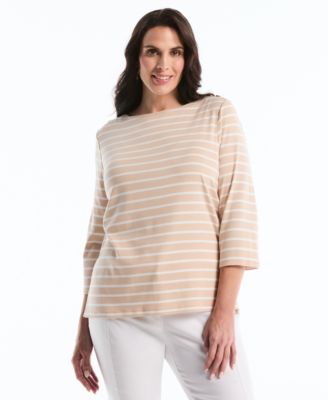 Plus Size Stripe Boat Neck 3/4-Length Sleeve Top