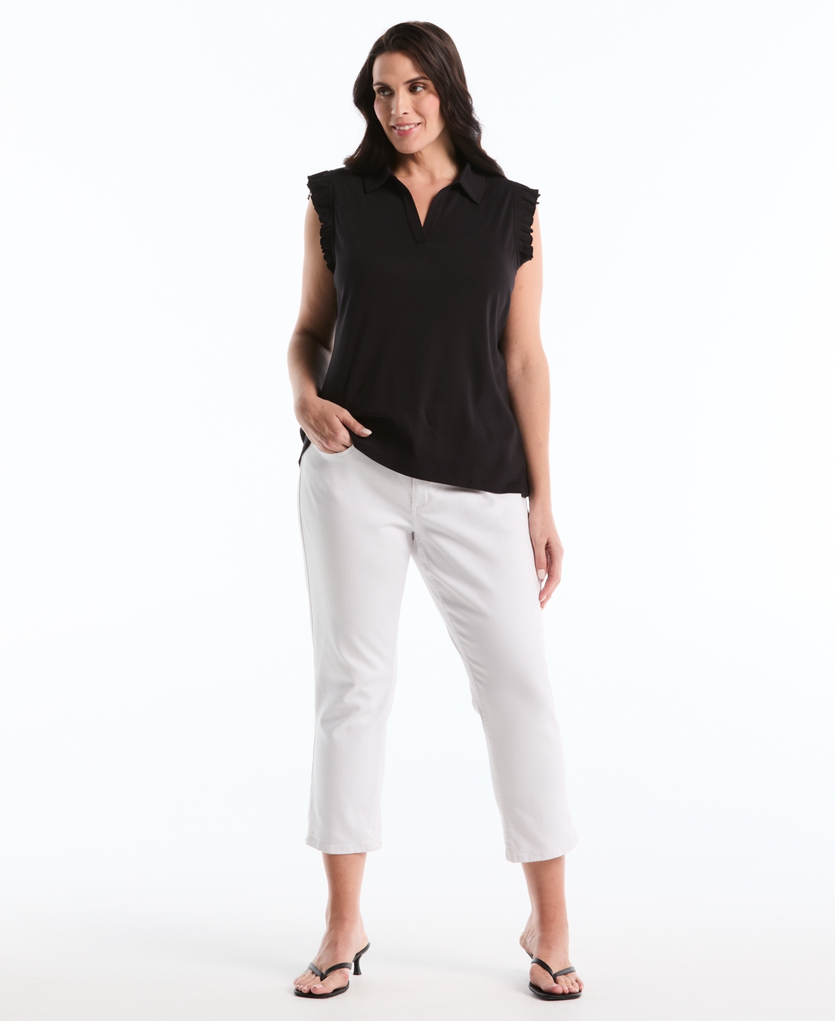 Rafaella Plus Ruffle Sleeveless Collared Polo T-Shirt