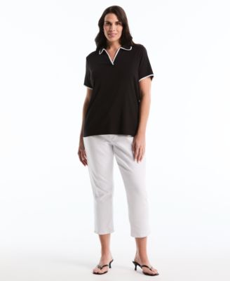 Plus Size Contrast Trim Johnny Collar Polo T-Shirt