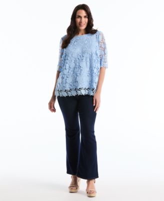 Plus Size Scalloped Elbow-Sleeve Jewel Neck Lace Top