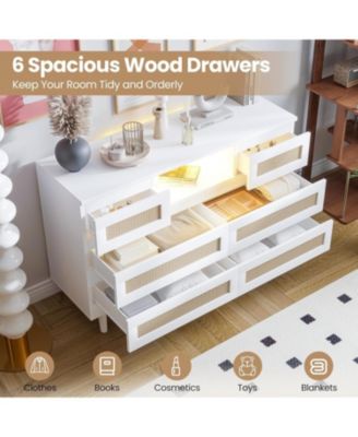 Rattan Wooden Dresser for Bedroom with 6 Drawers,47 Inch Wide Modern Dresser with Charging Station & LED Lights,Open Shelves,LivingBedroom