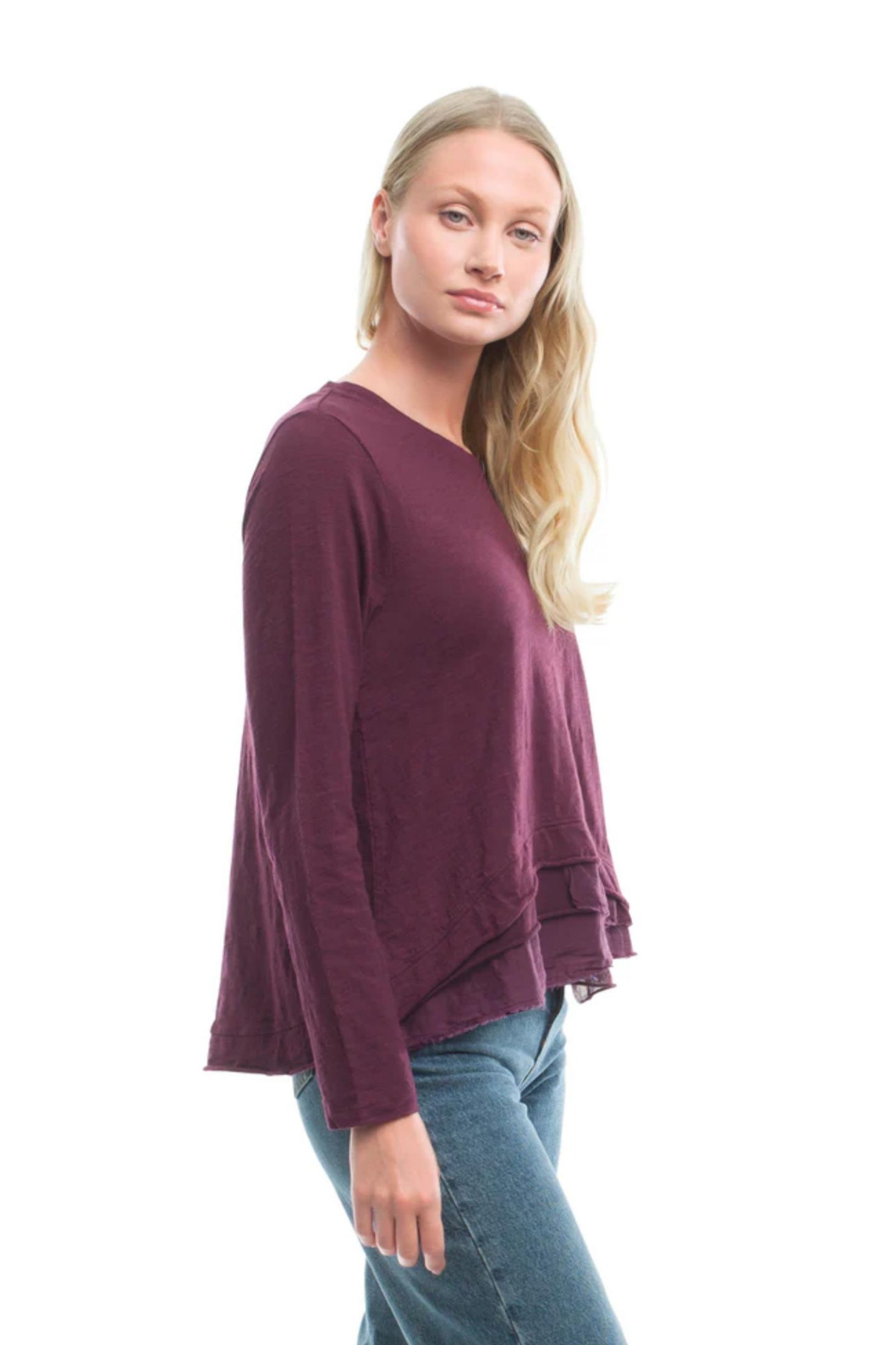 Женская футболка WILT Clothing Boxy Mixed Fabric Hem, цвет: Тёмный инжирный — фото 3