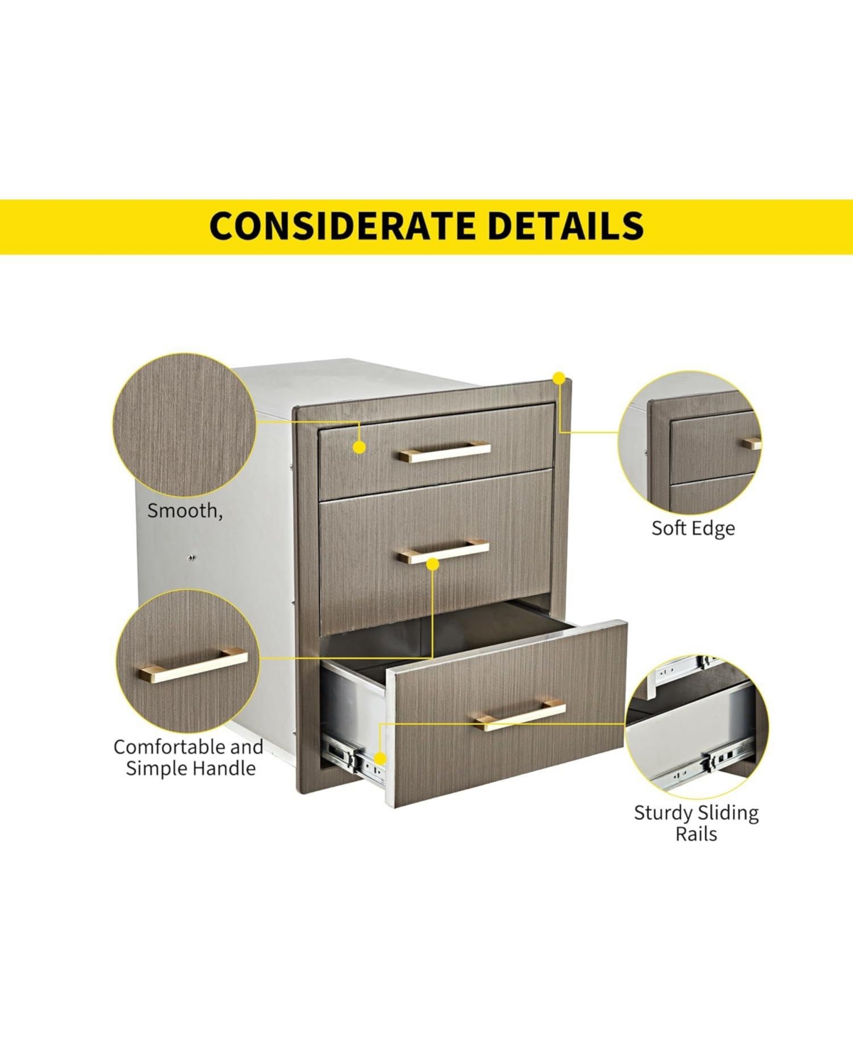 gaomon Outdoor Kitchen Drawers 17" W x 20" H x 20" D, Flush Mount Triple Bbq Drawers with Stainless Steel Handle for Outdoor