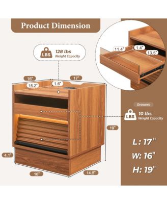 Wooden Nightstand with Charging Station and LED lights, Mid Century Modern Bedside Table with 2 Drawers for Bedroom and Living Room (Yellow)