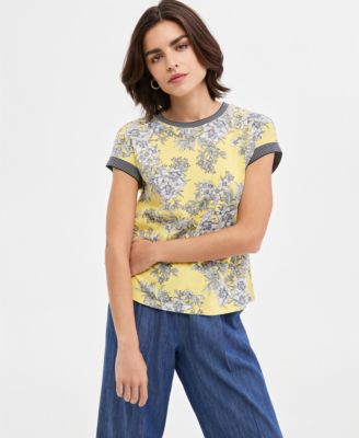 Women's Toile Contrast-Trim Short-Sleeve Top