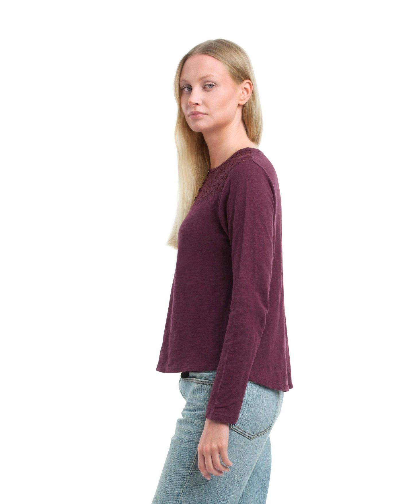 Женская футболка WILT Lace Yoke Henley, цвет: Тёмный инжирный — фото 5