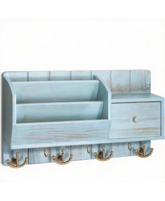 Wall Organizer with Mail Sorter, Drawer, Hooks, and Shelf - Rustic Decor