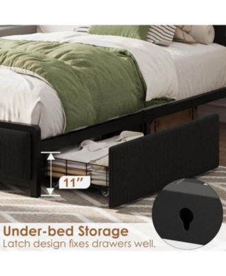 Twin-XL Size Bed Frame with Storage Headboard, Black Corduroy Upholstered Twin Platform Bedframe with Storage Drawers and Charging Station