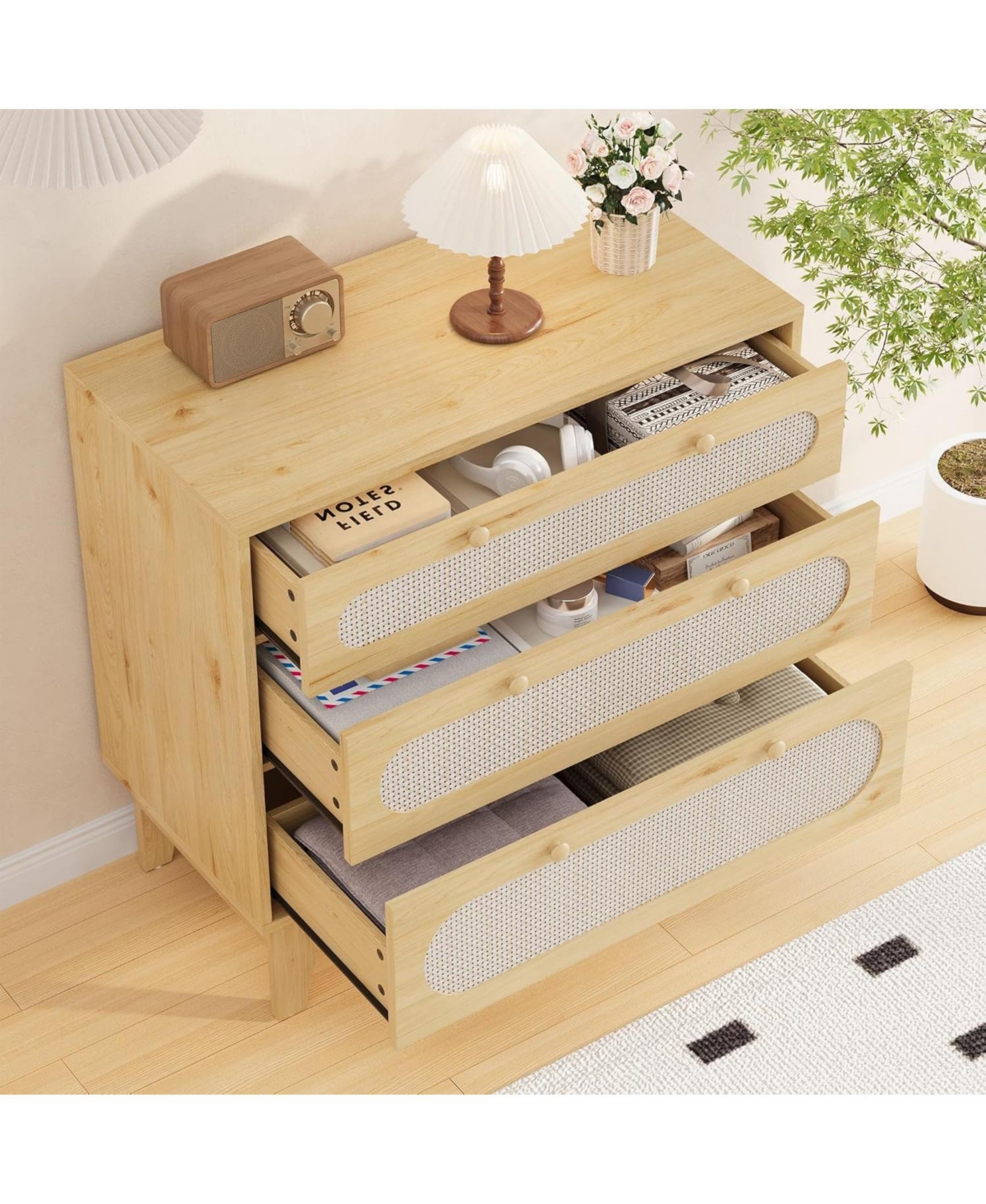 gaomon Rattan Drawer Dresser, 3 Wood Drawers Storage Cabinet Dresser for Bedroom, Living Room,Hallway,Bedside,Dining Room,Corridor,Bathroom