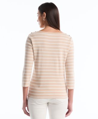 Petite Stripe Button Detail Boat Neck Top