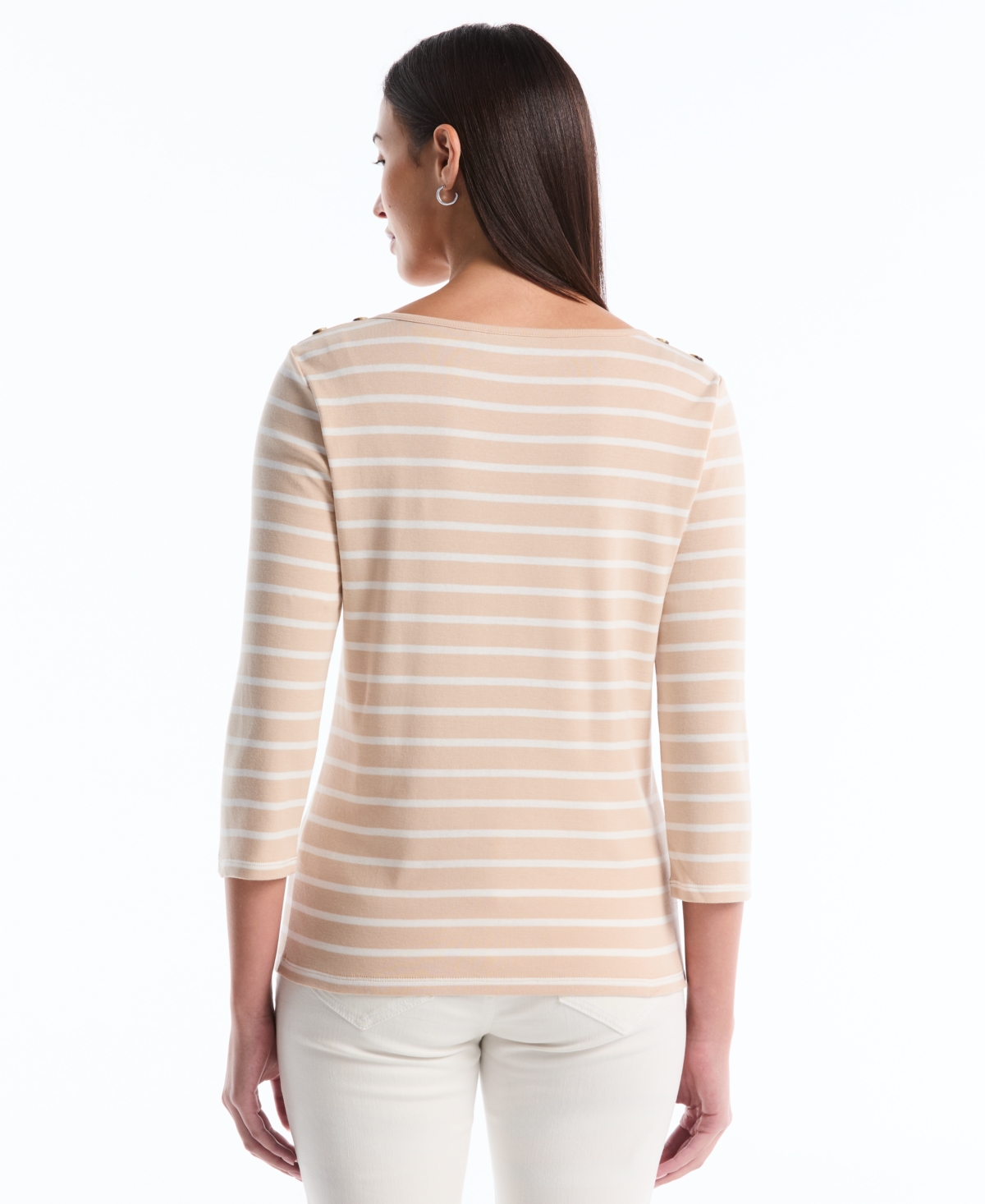 Rafaella Petite Stripe Button Detail Boat Neck Top